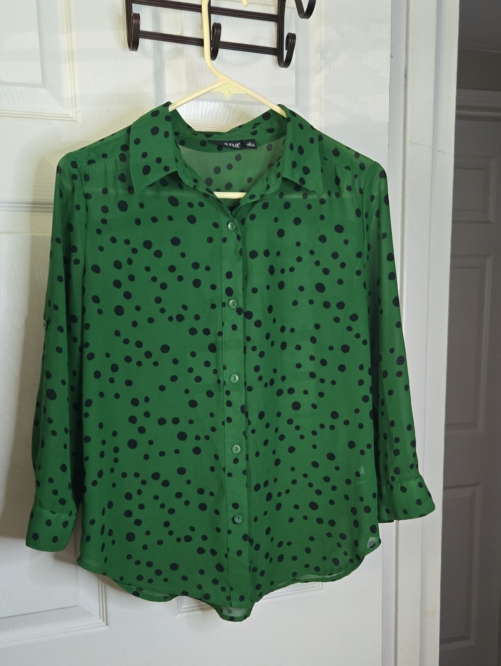 a.n.a Green Button-Down Blouse with Black Polka Dots